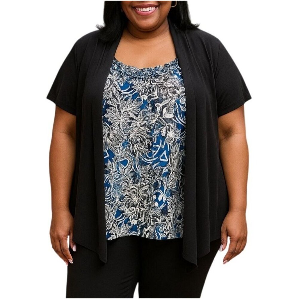 Judith Womens Plus Size 3X Top Black Floral Layered Look Short Sleeve